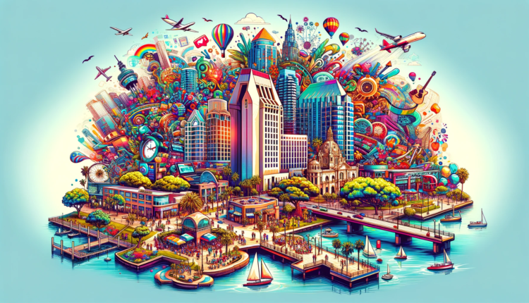 A colorful and dynamic cityscape of San Diego, showcasing a blend of cultural, technological, and lifestyle elements. Landmarks like the skyline, beaches, and Balboa Park are visible, alongside symbols of tech startups, cafes, surfing, and cultural events.