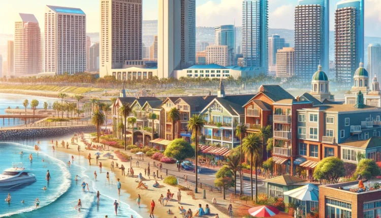 Realistic illustration of San Diego's vibrant scene, showcasing the skyline with iconic buildings, coastal views with people enjoying the beach, and a bustling downtown area with cafes and shops. The setting is sunny and lively.