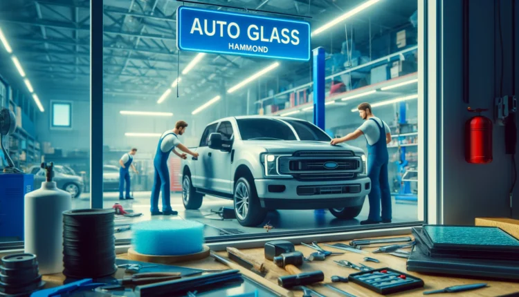Technicians working on a windshield replacement at Auto Glass Hammond's busy and modern repair shop.